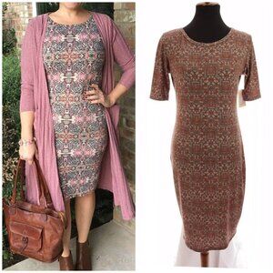 Lularoe Julia Dress NWT Fitted Unicorn Geometric 70s Print Brown Sz Small